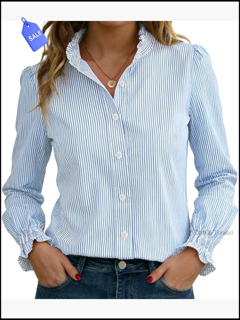 Women's Striped Button Down Shirt Long Sleeve Ruffle Collar Smocked Cuff Blouse - Picture 1 of 7